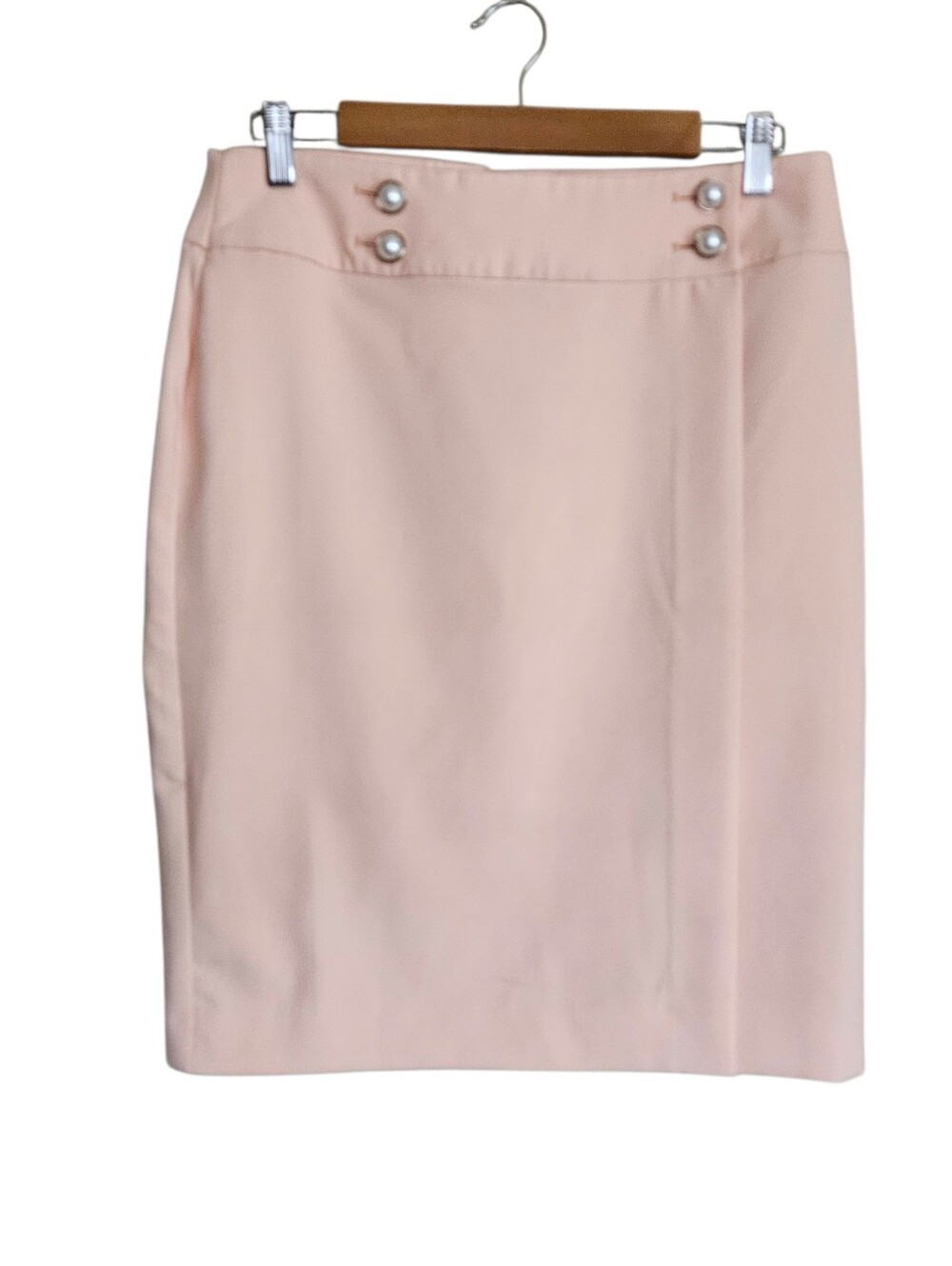 Calvin Klein Peach Faux-Wrap Pencil Skirt with Pearl Double Button Preppy